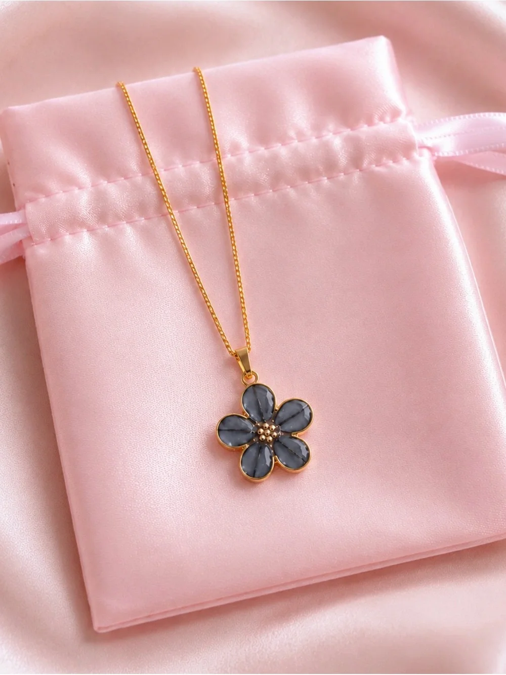 18K Gold Plated Black Enamel Flower Pendant Necklace & Huggie Earrings Set 🖤